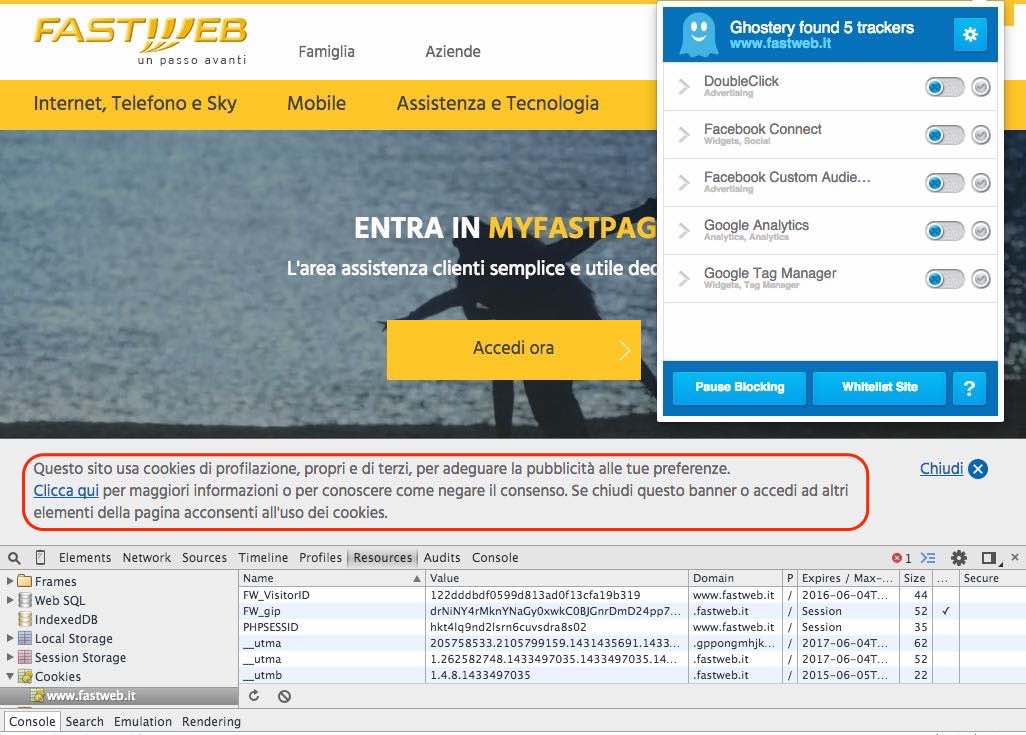 Fastweb cookie banner