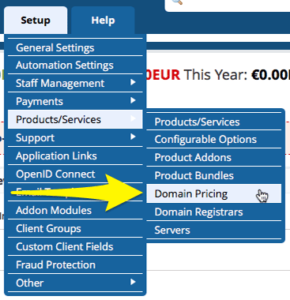 WHMCS Domain Pricing menu