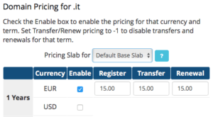 WHMCS Domain Pricing prices